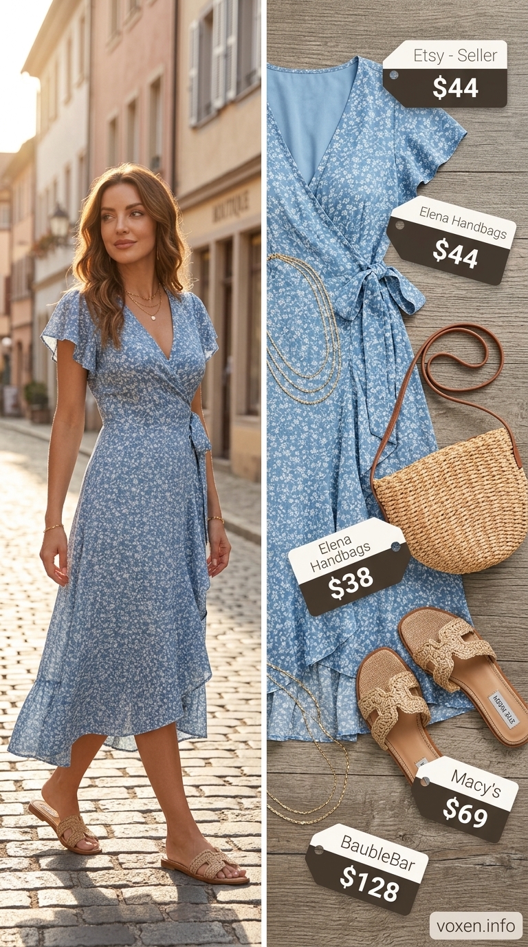 Coastal summer wrap dress outfits for women 2026: Sky blue floral midi wrap dress, straw slides, woven crossbody bag, gold necklaces.
