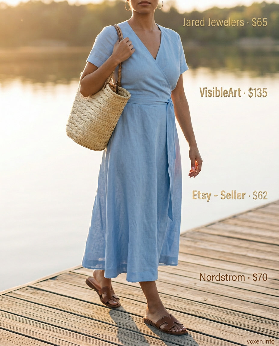 Effortless summer wrap dress outfits for women 2026: Sky blue linen midi wrap dress, tan leather slides, straw tote, gold hoops.