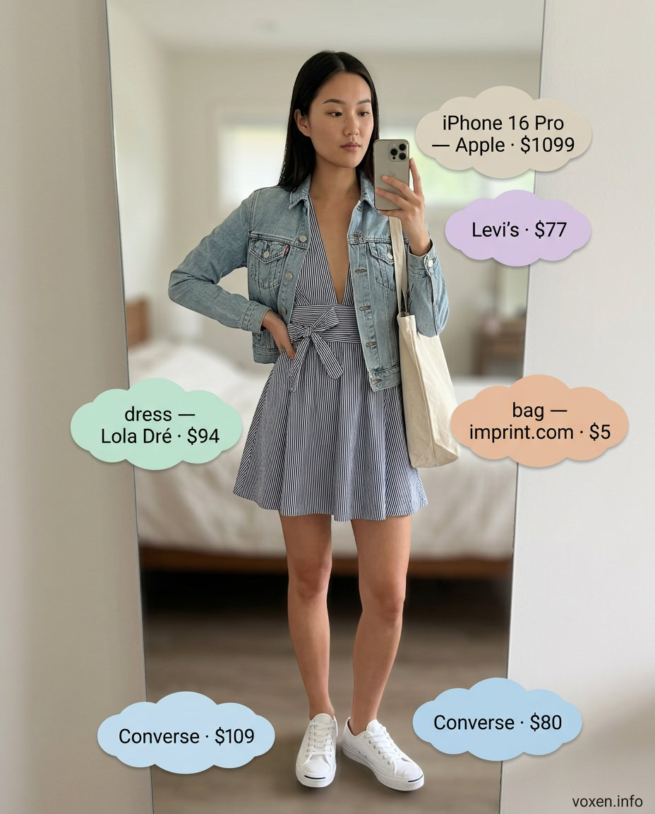 Navy and white stripe mini wrap dress for casual summer days. Sporty with sneakers and denim jacket.