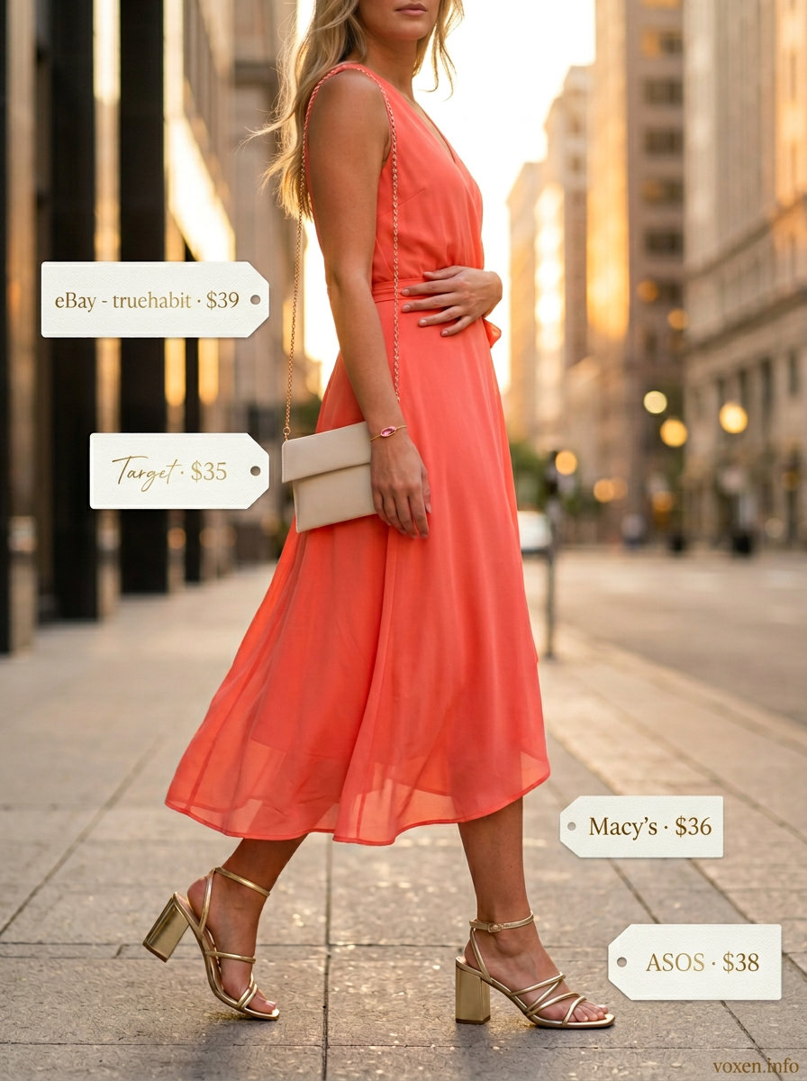 Coral satin wrap dress for date night 2026, romantic summer evening outfit.