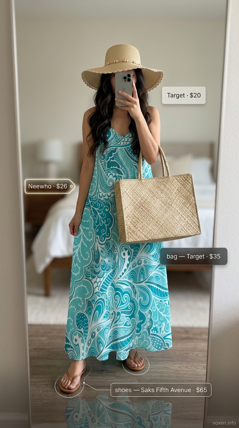 Teal abstract print maxi wrap dress for vacation. Style with straw hat, tote, and leather sandals.