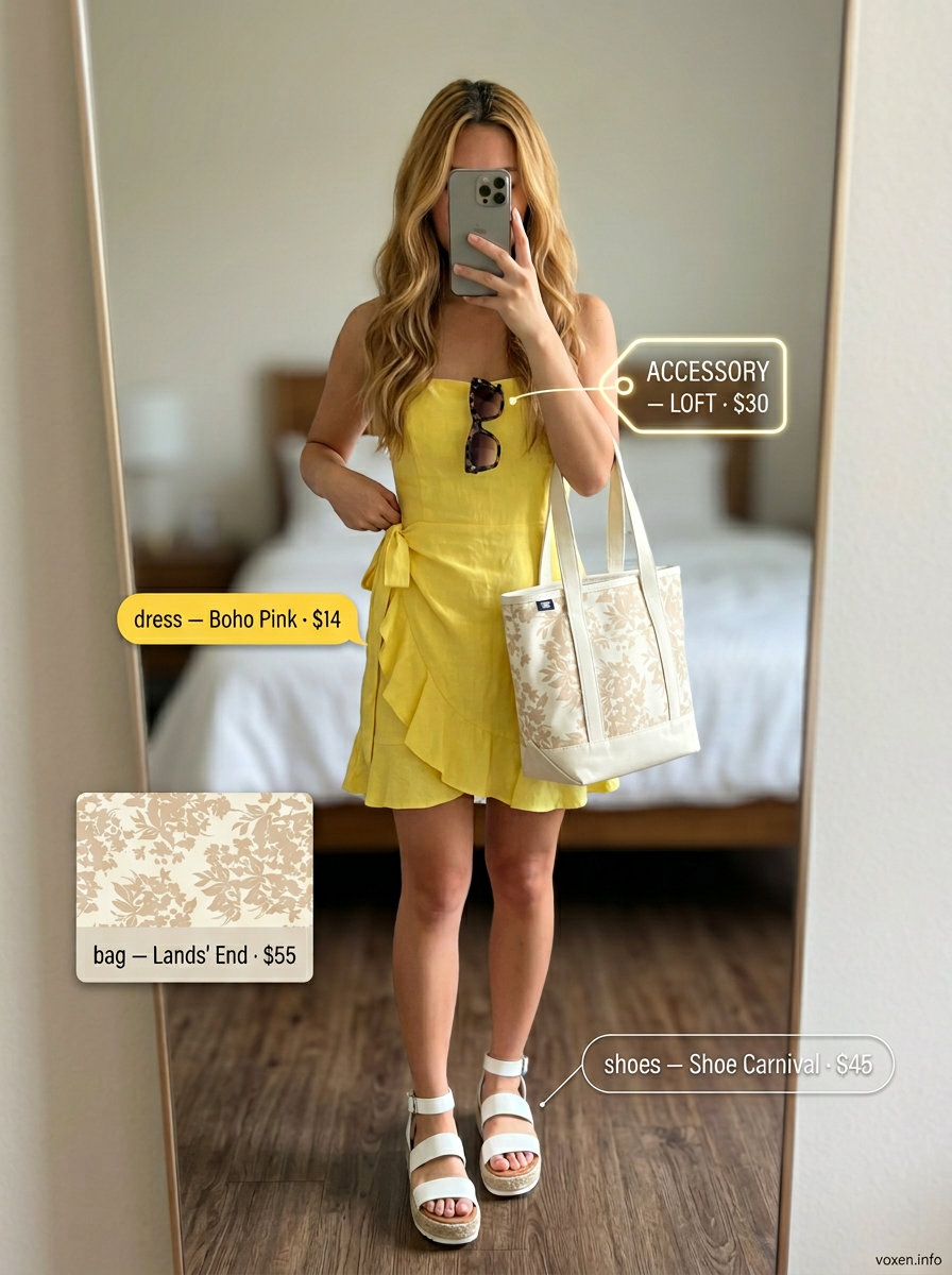 Yellow cotton wrap dress for weekend brunch 2026, playful summer outfit.
