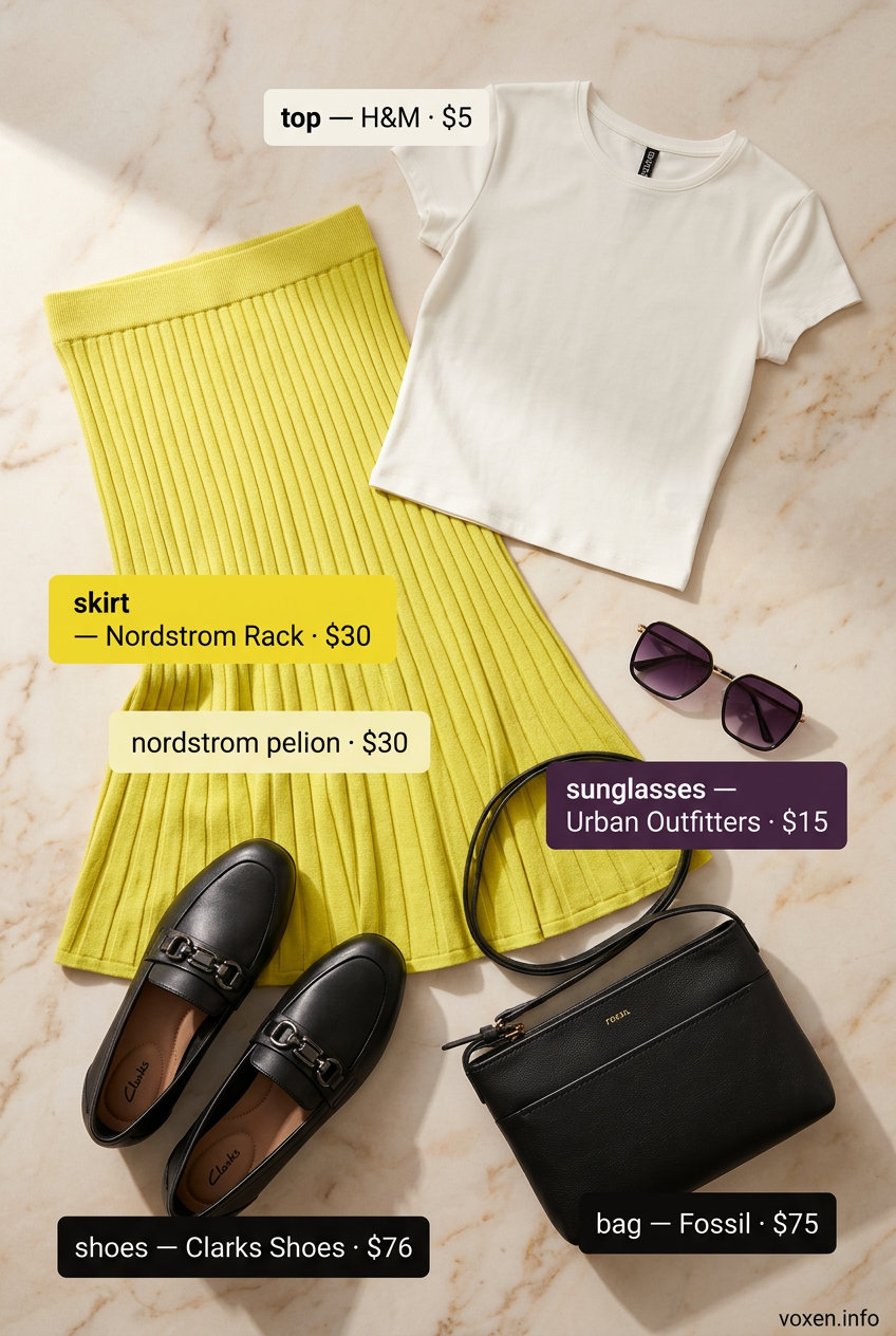Summer Yellow Outfits for Women 2026: Canary yellow knit midi skirt, cream tee, black loafers.