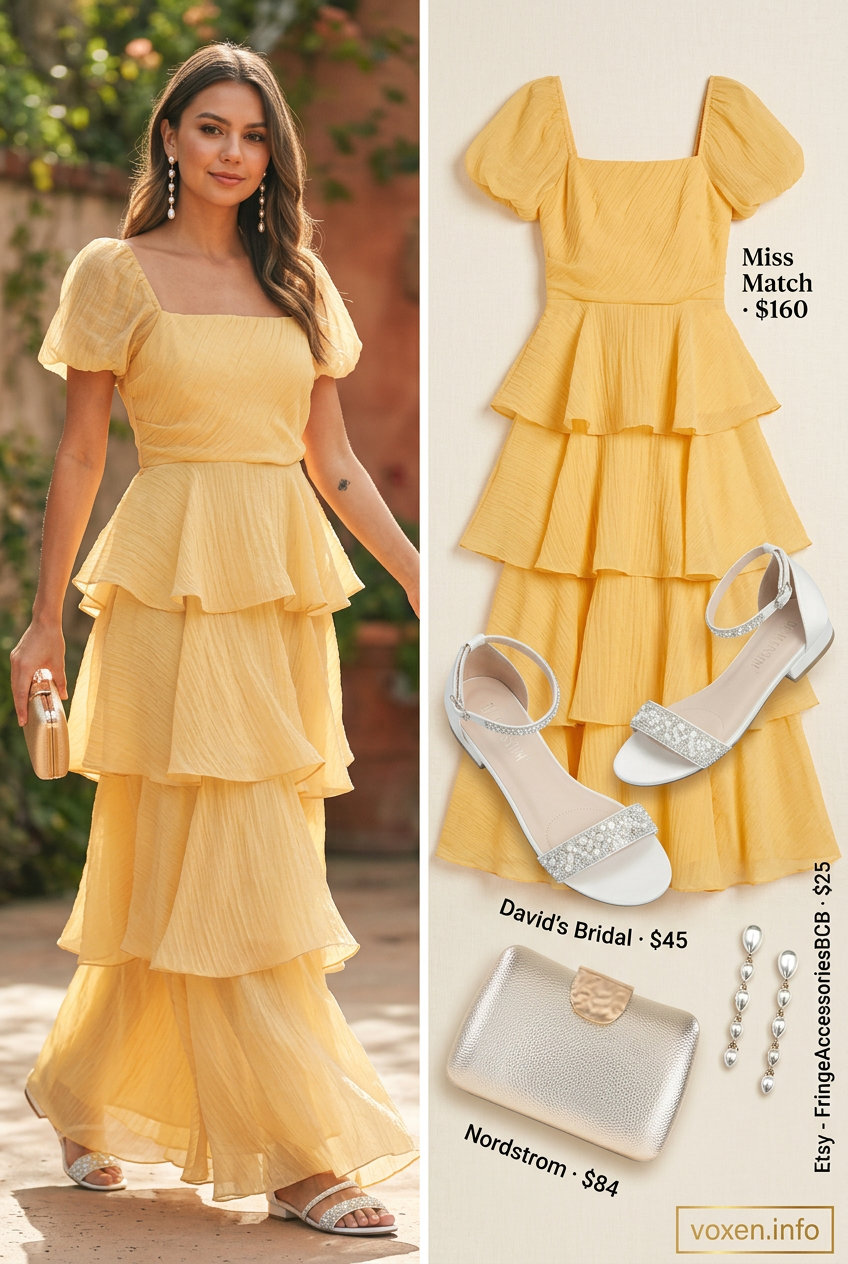 Summer Yellow Outfits for Women 2026: Marigold yellow maxi dress, gold earrings, metallic clutch.