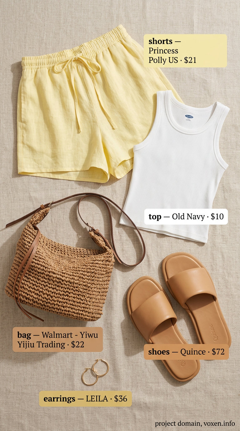 Summer Yellow Outfits for Women 2026: Golden yellow linen shorts, white tank, tan slides, straw bag.