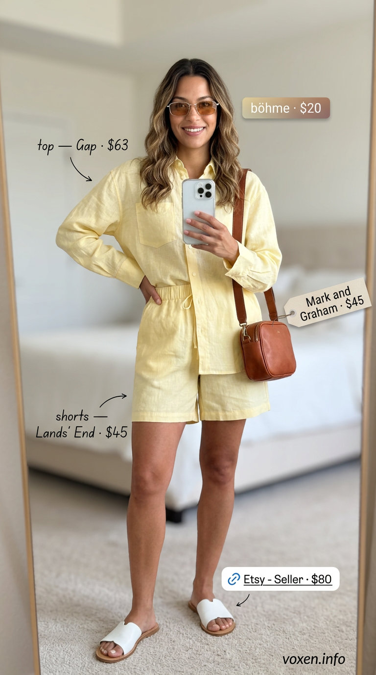 Summer Yellow Outfits for Women 2026: Lemon yellow linen shorts set, oversized shirt, white sandals.