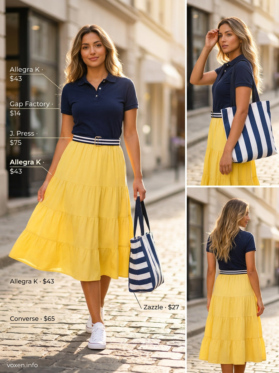 Summer Yellow Outfits for Women 2026: Lemon yellow midi skirt, navy polo, white sneakers.