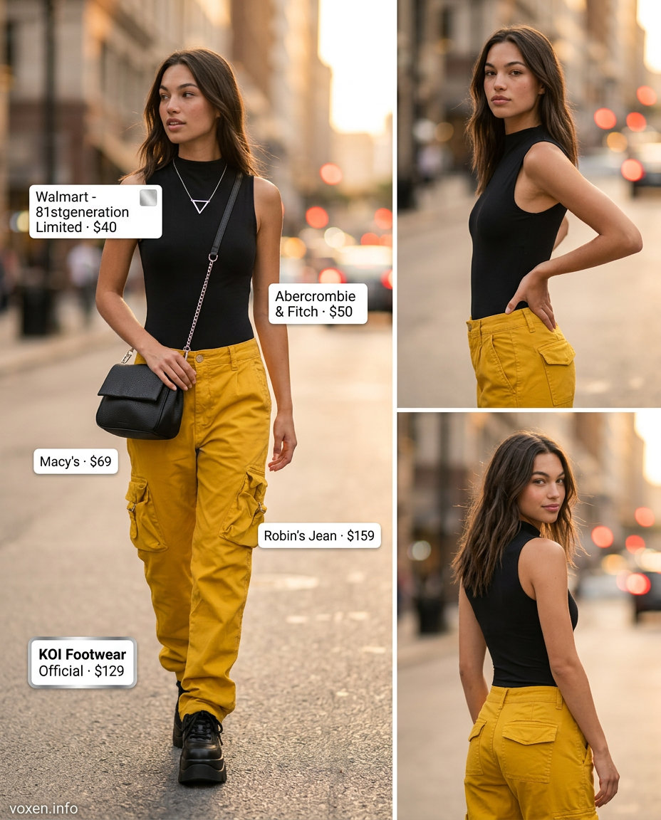 Summer Yellow Outfits for Women 2026: Mustard yellow cargo pants, black bodysuit, chunky sneakers.
