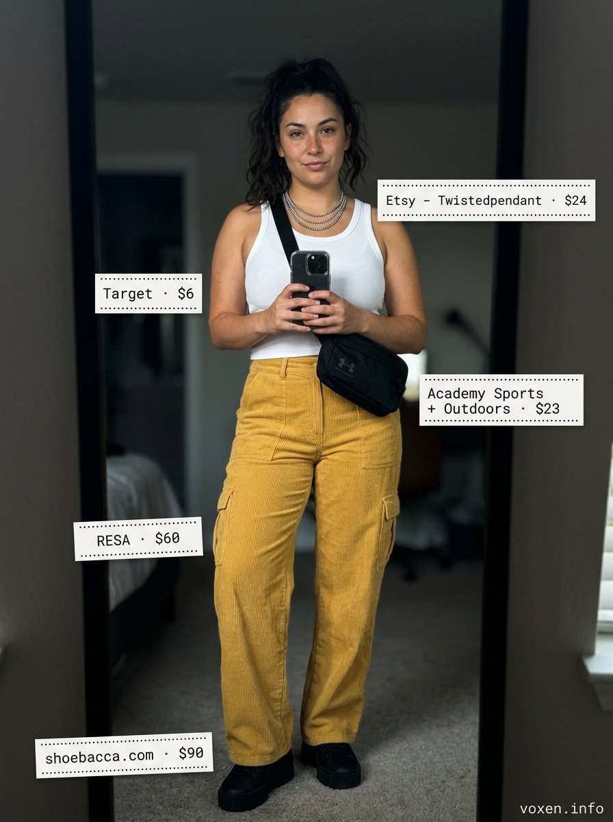 Summer Yellow Outfits for Women 2026: Muted yellow cargo pants with white tank, black belt bag & chunky sneakers.