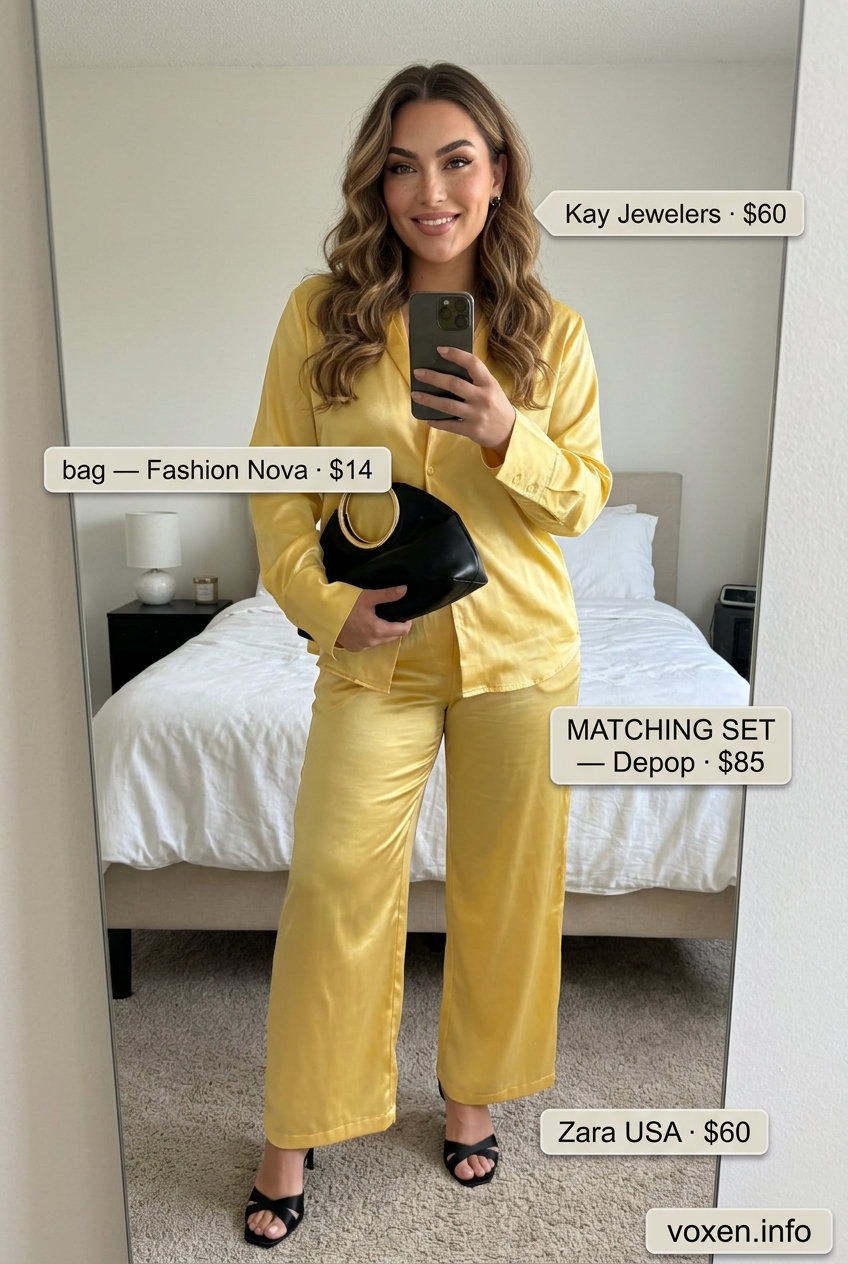 Summer Yellow Outfits for Women 2026: Gold satin crop top & wide-leg pants set with black clutch & heels.