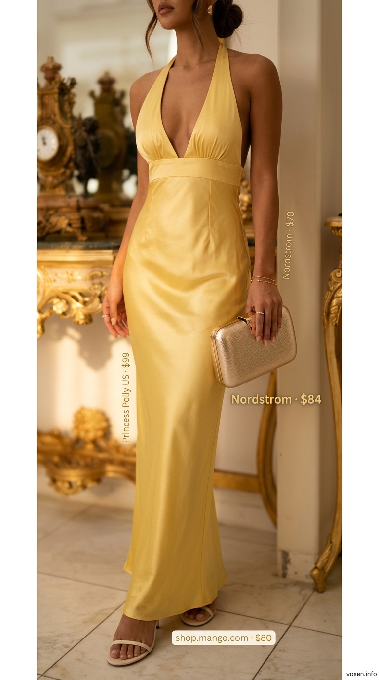 Summer yellow outfits for women 2026: Golden yellow chiffon maxi dress for evening event and vacation dinner.