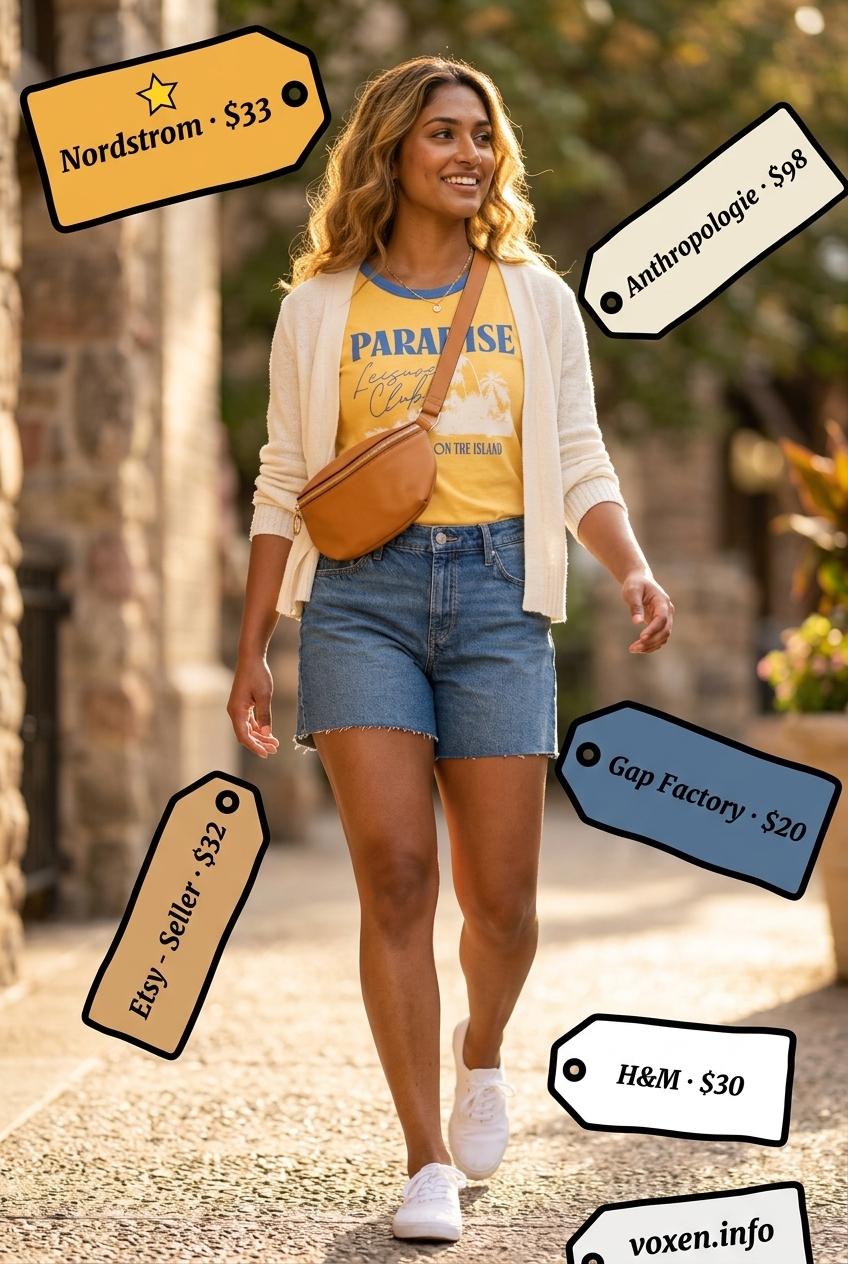 Summer Yellow Outfits for Women 2026: Yellow graphic tee with denim shorts, open cardigan, belt bag & sneakers.