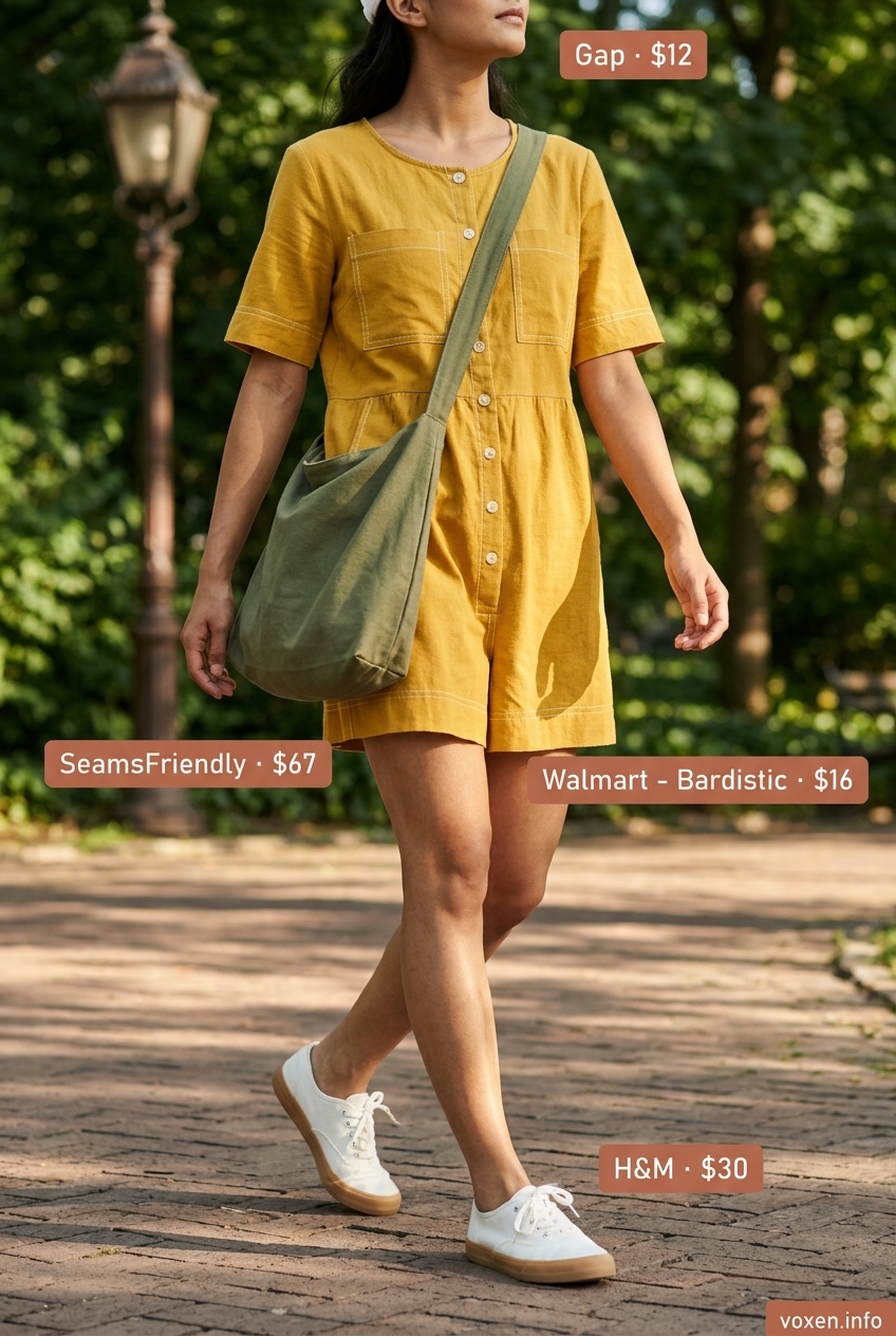 Summer yellow outfits for women 2026: Lemon yellow utility romper for active summer day and casual errands.