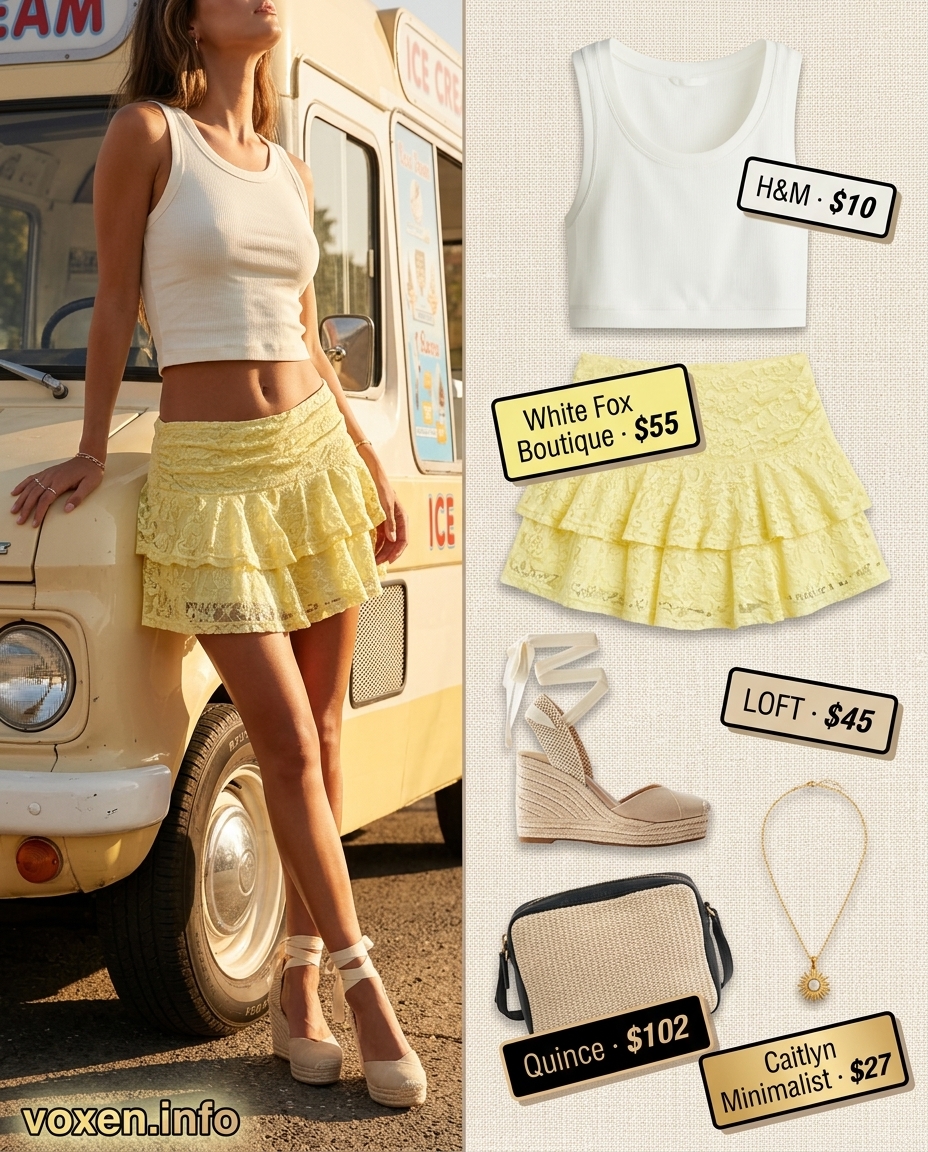 Summer yellow outfits for women 2026: Lemonade yellow lace mini skirt for summer festival and casual date.