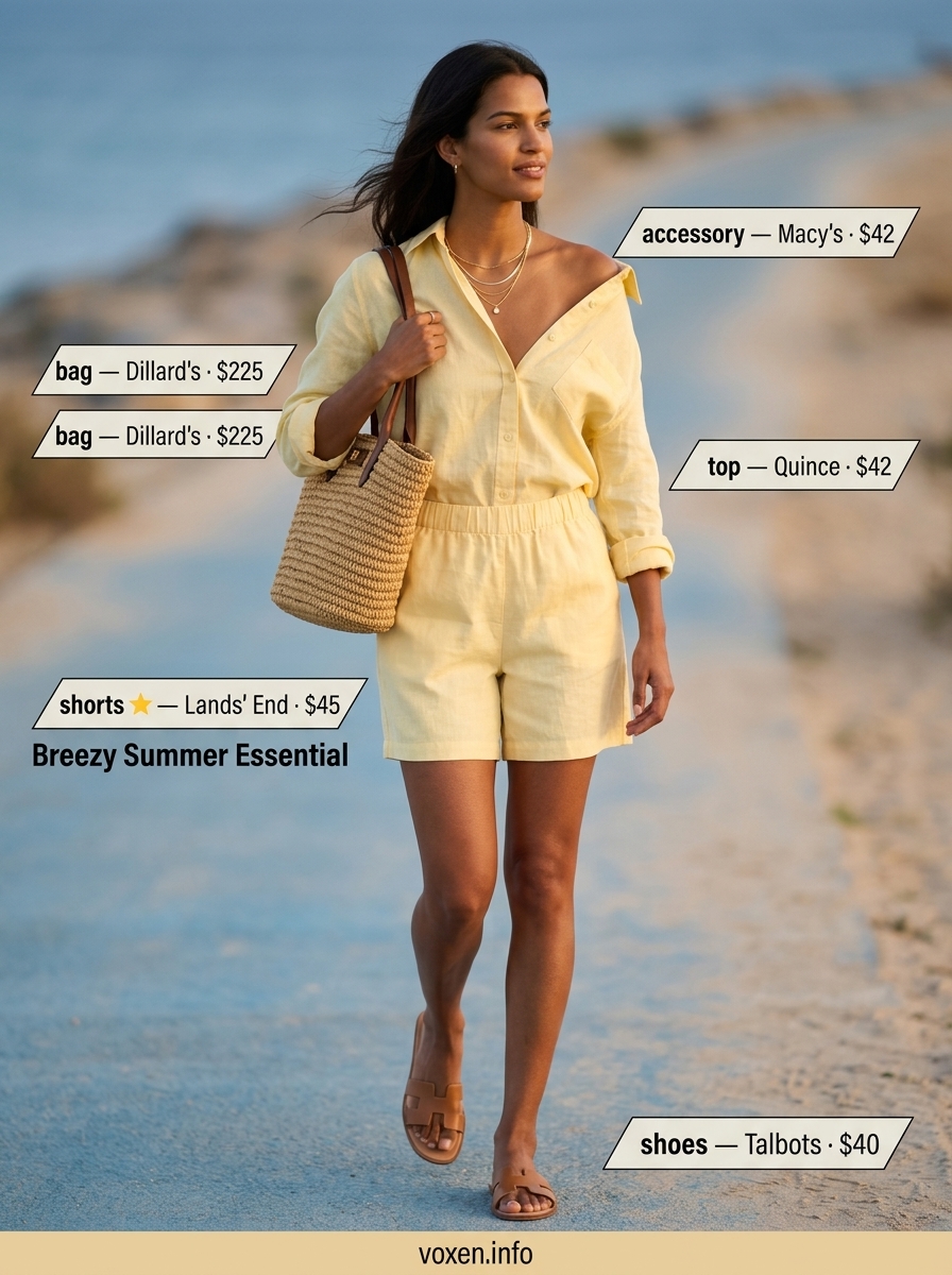Summer yellow outfits for women 2026: Soft yellow linen shorts for beach vacation and casual day out.