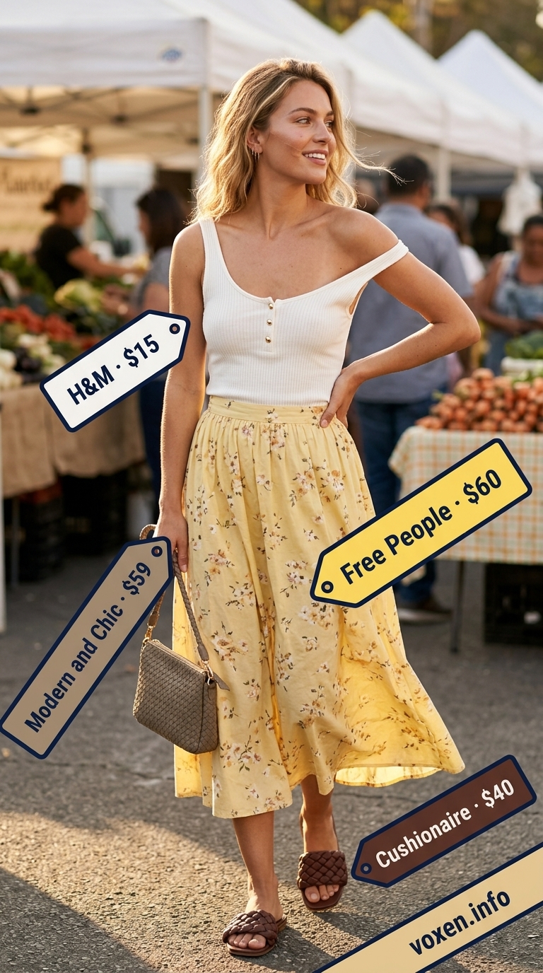 Summer Yellow Outfits for Women 2026: Butter yellow midi skirt with white tank, brown sandals & bag for a relaxed look.