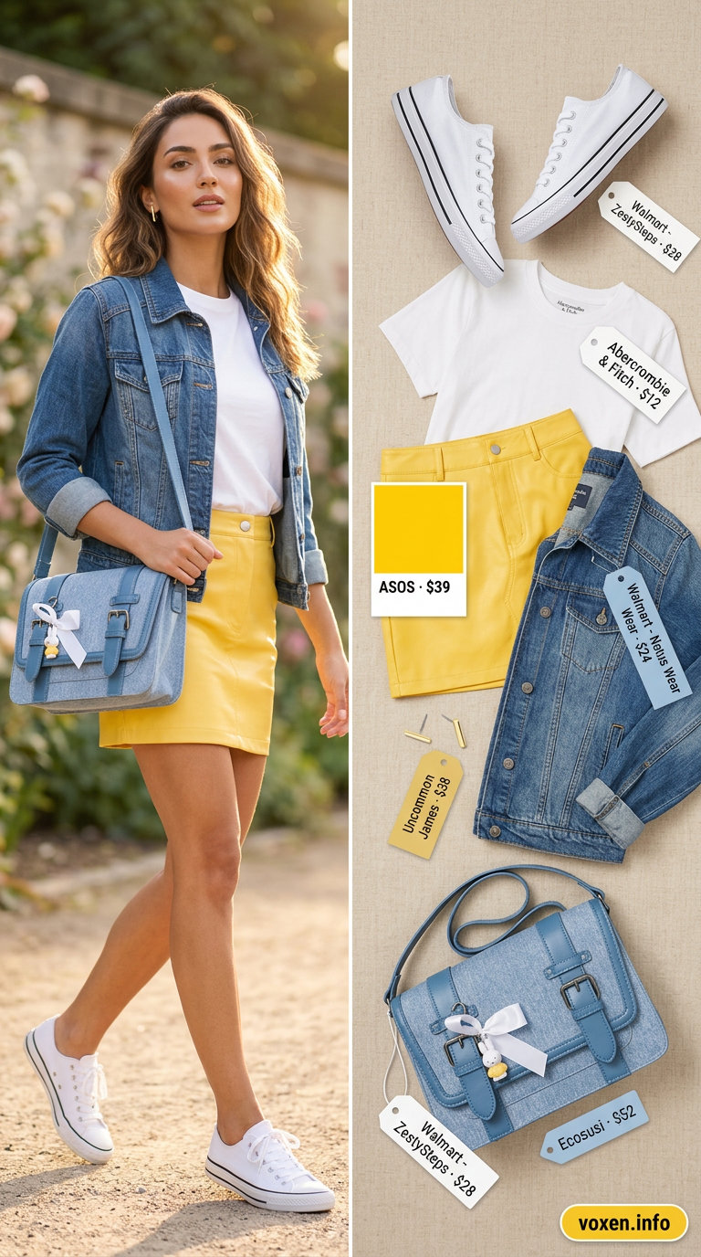 Summer Yellow Outfits for Women 2026: Lemon yellow mini skirt with white tee, denim jacket, crossbody & sneakers.