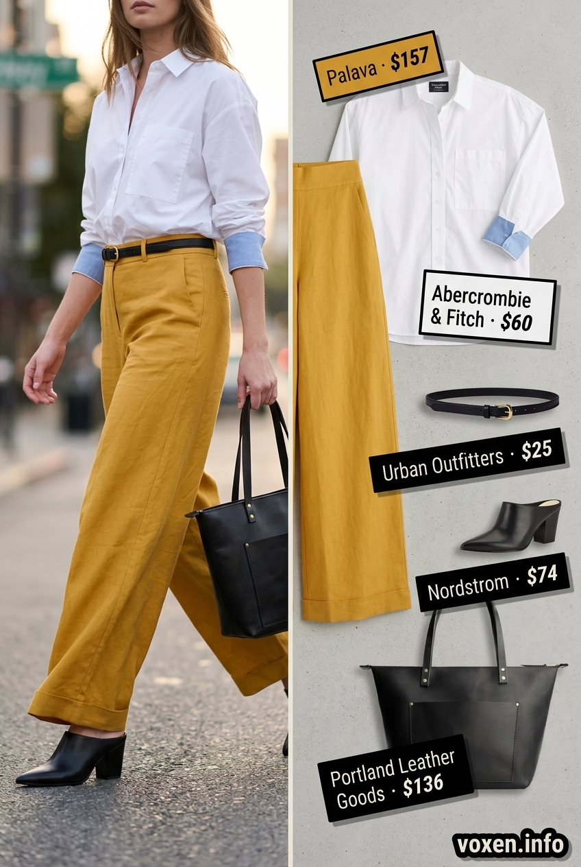 Summer yellow outfits for women 2026: Mustard yellow wide-leg trousers for office casual and business meetings.