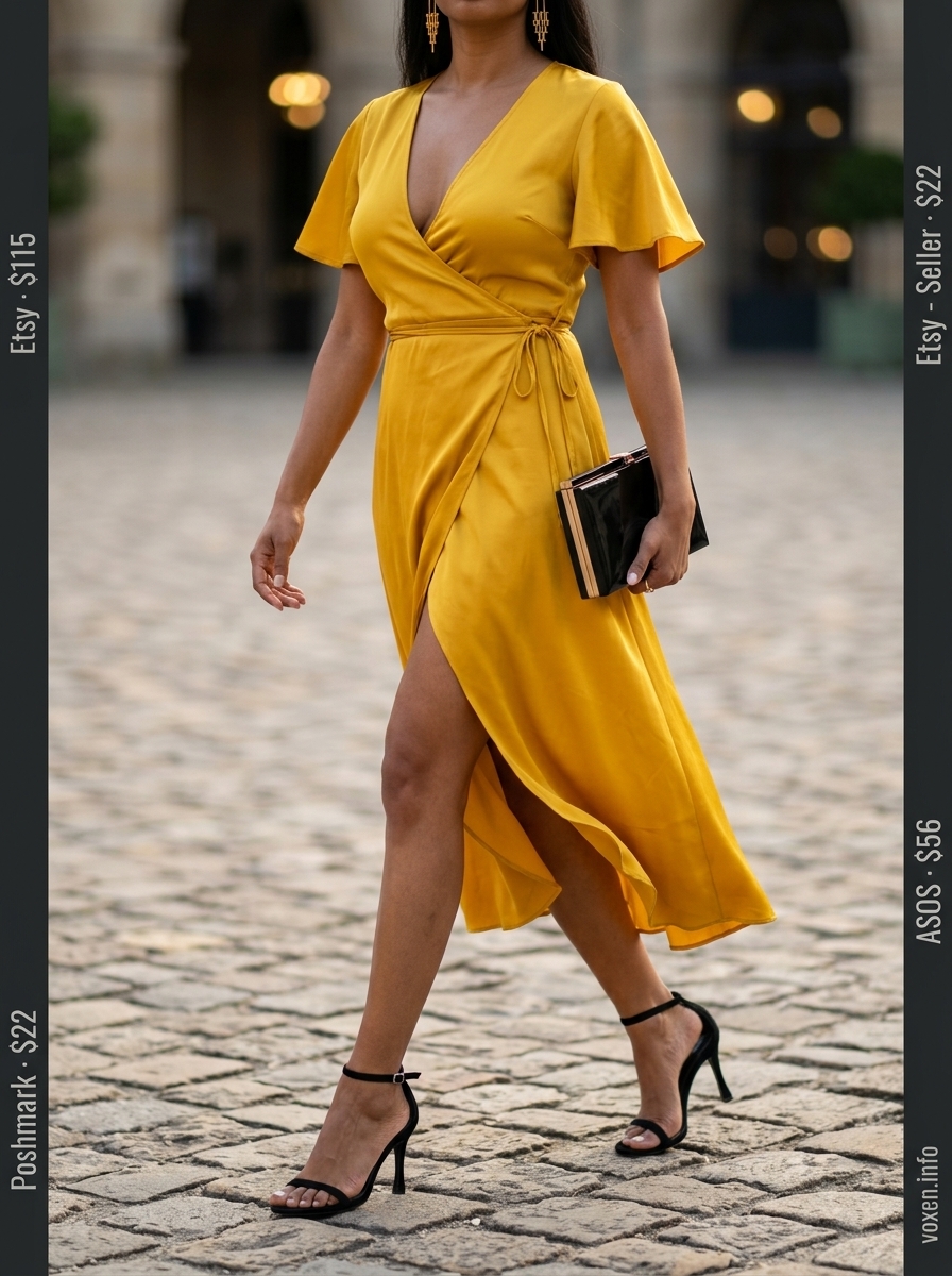 Summer yellow outfits for women 2026: Mustard yellow wrap dress for evening events and summer wedding guest.