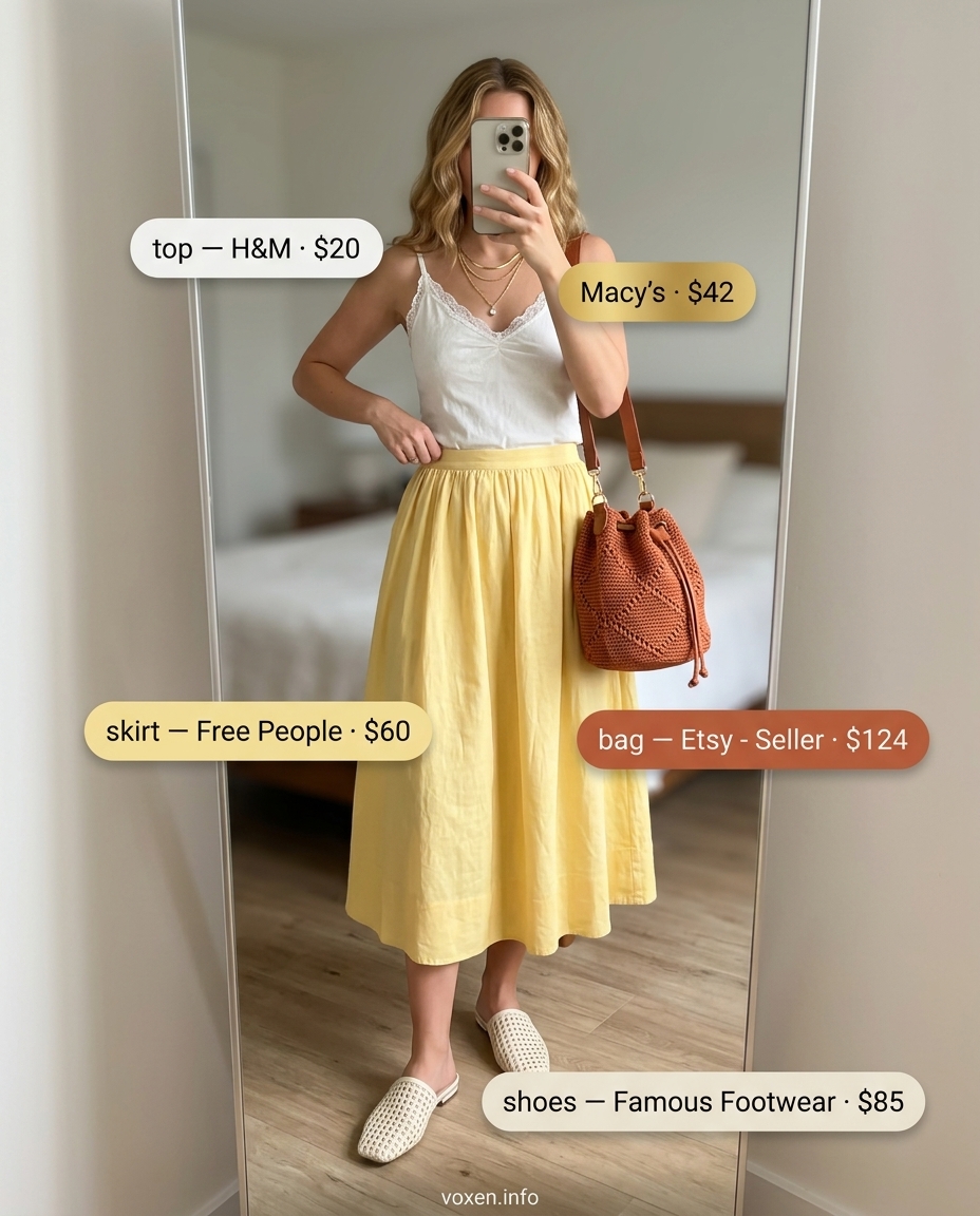 Summer yellow outfits for women 2026: Pale yellow chiffon midi skirt for garden party and brunch date.
