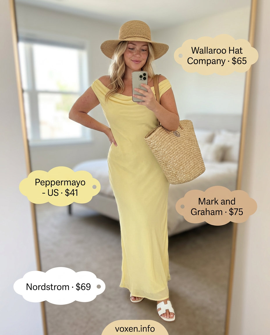 Summer yellow outfits for women 2026: Soft yellow maxi dress for beach vacation and resort wear.
