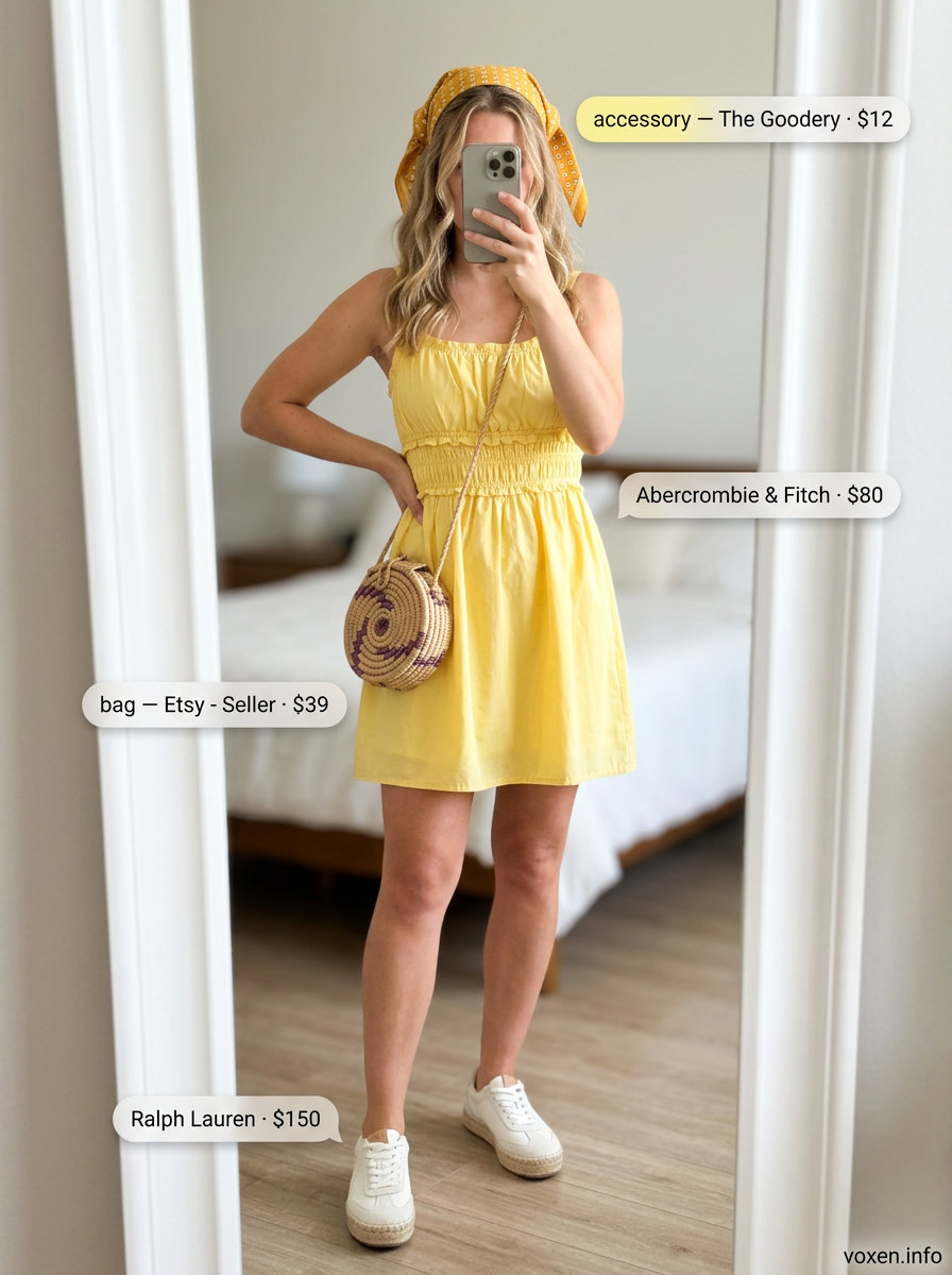 Summer Yellow Outfits for Women 2026: Bright yellow mini sundress with white bandana, straw bag & espadrilles.