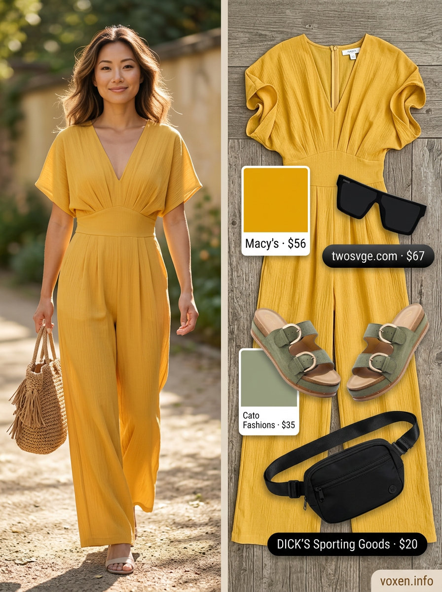 Summer Yellow Outfits for Women 2026: Yellow utility jumpsuit with olive sandals, black belt bag & sunglasses.