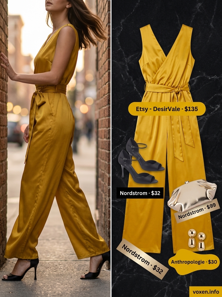 Summer Yellow Outfits for Women 2026: Golden yellow wide-leg jumpsuit with black heels, metallic clutch & gold earrings.