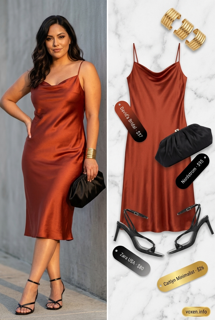 Sophisticated terracotta orange satin midi slip dress for date nights and summer events. Explore summer sleeveless tops for women 2026.