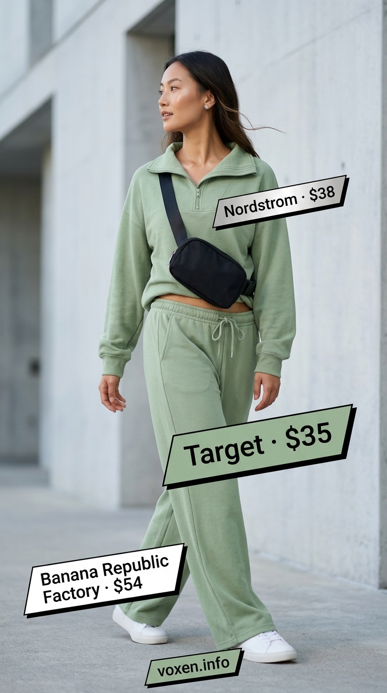 Sage green athleisure set for trendy summer wardrobe 2026 women. Cozy loungewear with sneakers and belt bag.