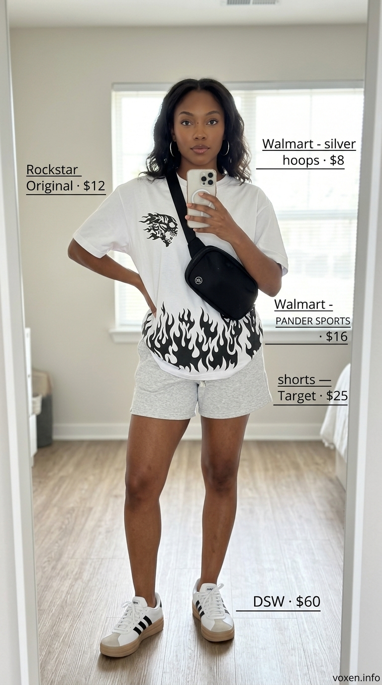 Sporty Chic Athleisure: light grey shorts, graphic tee, white sneakers & belt bag. Trendy ideas for summer wardrobe 2026 women.