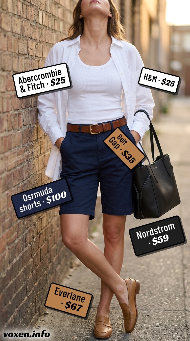 Navy Bermuda shorts outfit for trendy summer wardrobe 2026 women. Polished casual with oversized shirt and loafers.