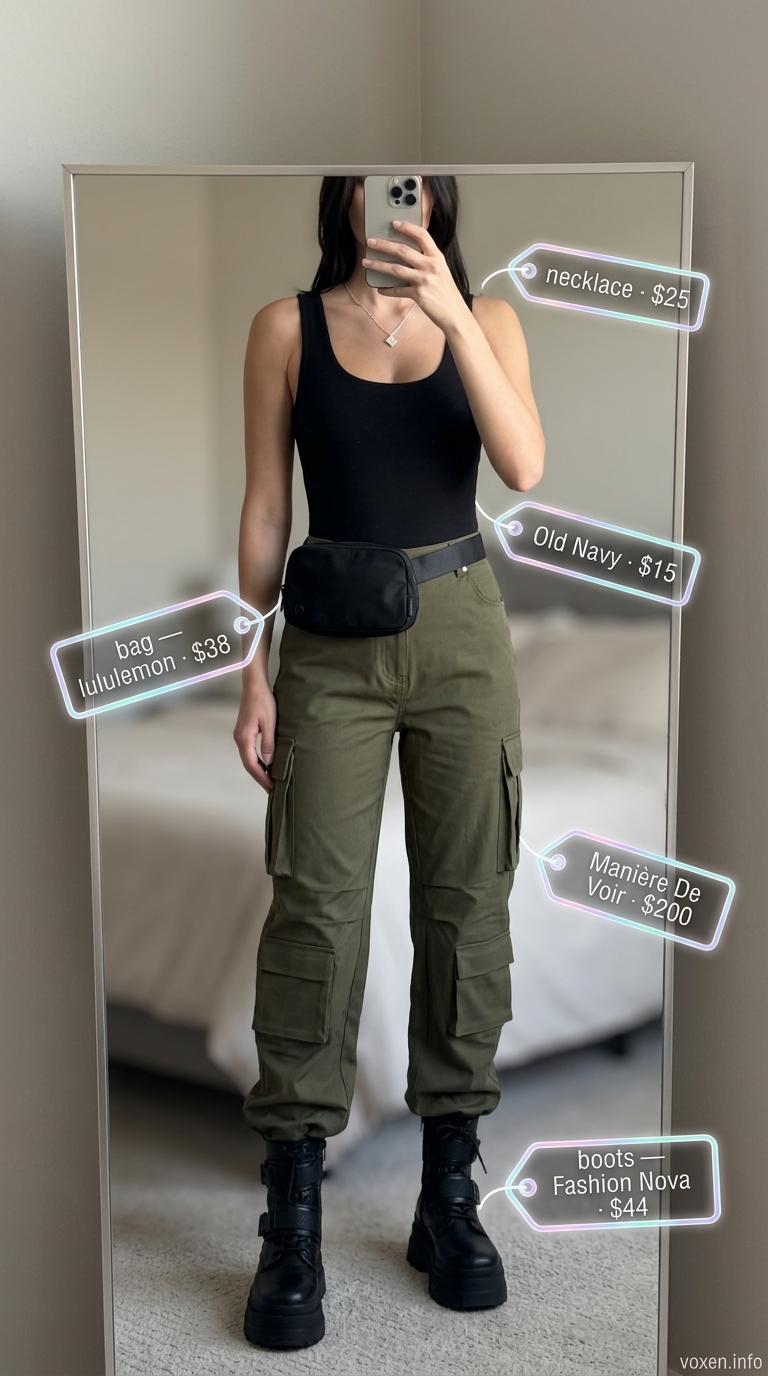 Olive green cargo pants outfit for trendy summer wardrobe 2026 women. Edgy urban style with bodysuit and combat boots.