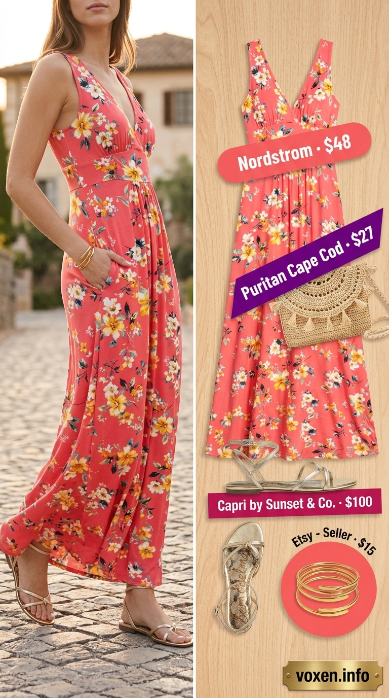 Coral floral maxi dress for trendy summer wardrobe 2026 women. Romantic and vibrant for evening events.