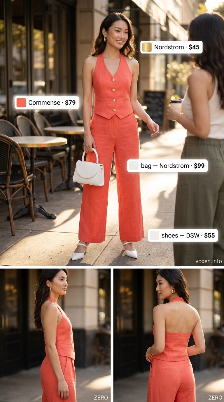 Elevated Co-ord set: coral halter top & wide-leg pants with white mules & bag. Trendy ideas for summer wardrobe 2026 women.