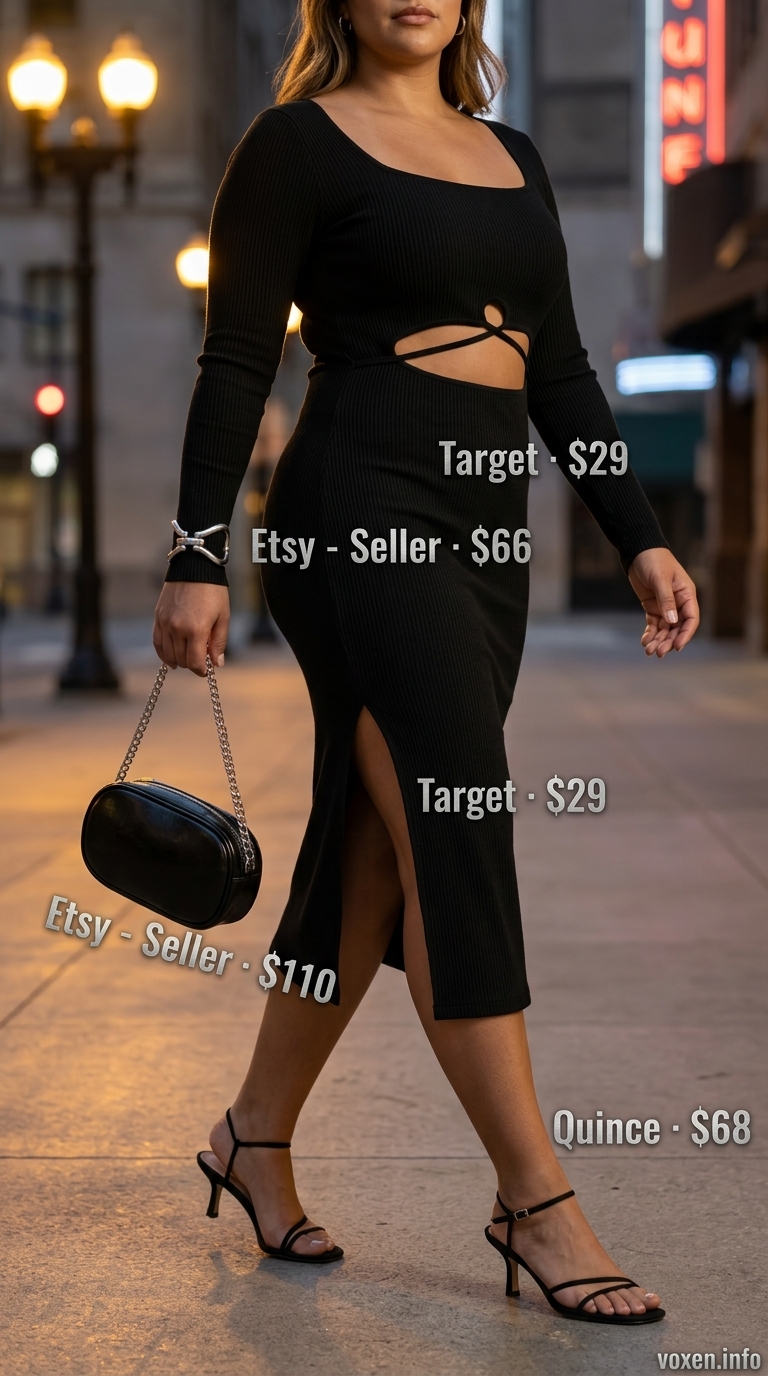 Black cut-out midi dress for trendy summer wardrobe 2026 women. Edgy and modern for nights out.