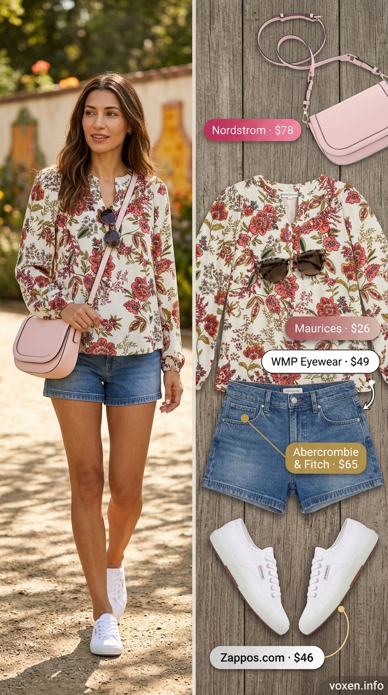 Floral peasant blouse, denim shorts, sunglasses & crossbody for summer wardrobe 2026 women.