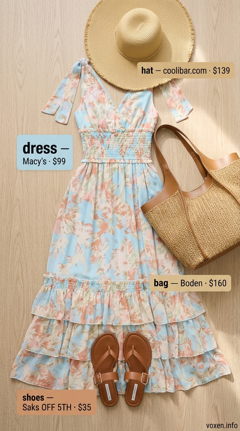 Sky blue floral maxi dress, straw hat & tote for summer wardrobe 2026 women vacation style.