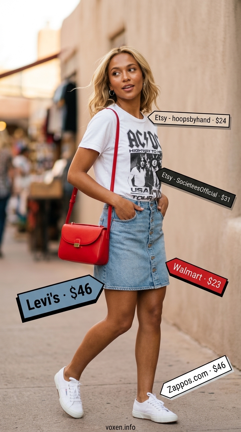 Retro graphic tee, light wash denim mini skirt, red bag & sneakers for summer wardrobe 2026 women.