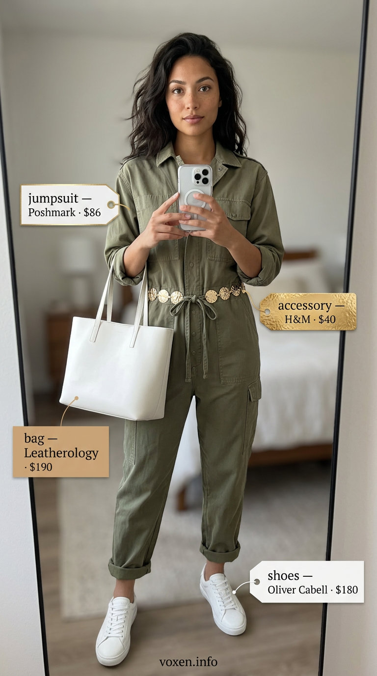 Khaki utility jumpsuit, white sneakers & tote for trendy summer wardrobe 2026 women travel.