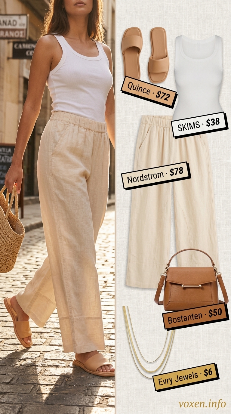 Cream linen pants outfit for trendy summer wardrobe 2026 women. Relaxed chic with ribbed tank, slides, and gold jewelry.