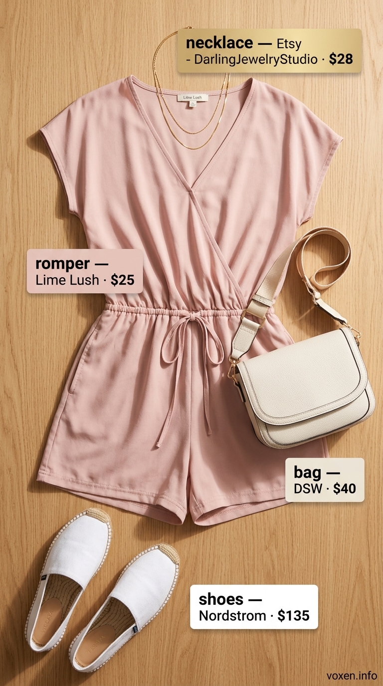 Casual Chic romper: blush pink linen blend with white crossbody & espadrille flats. Trendy ideas for summer wardrobe 2026 women.