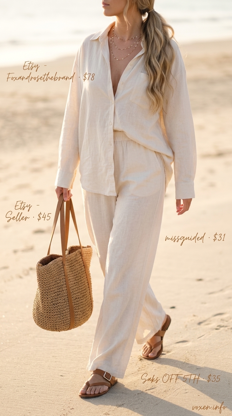 Coastal Breeze linen set: cream cropped shirt & wide-leg pants with tan slides & straw tote. Trendy ideas for summer wardrobe 2026 women.