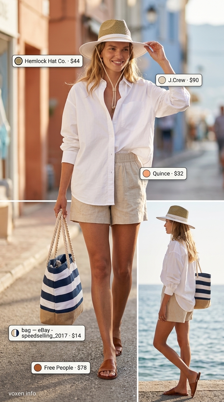 Coastal Comfort outfit: white oversized shirt, linen shorts, leather slides & straw hat. Trendy ideas for summer wardrobe 2026 women.