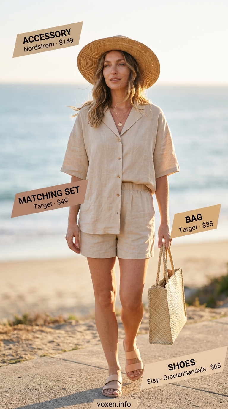 Linen shorts set, straw hat & tote for trendy summer wardrobe 2026 women resort wear.