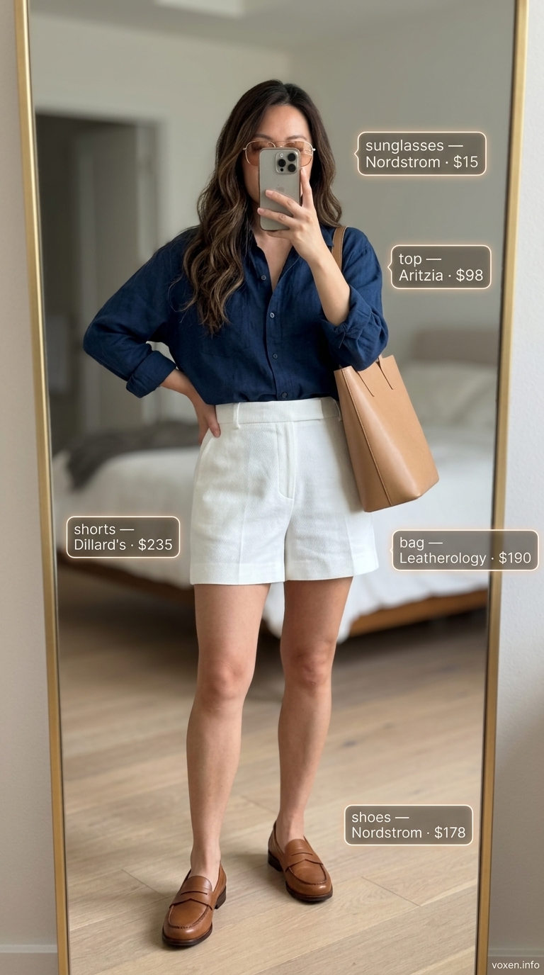 White linen shorts outfit for trendy summer wardrobe 2026 women. Sophisticated casual with oversized shirt and loafers.