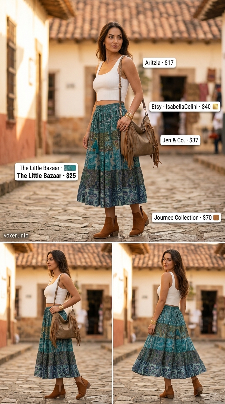 Bohemian Rhapsody outfit: cream paisley midi skirt, white crop top, suede boots & fringe bag. Trendy ideas for summer wardrobe 2026 women.