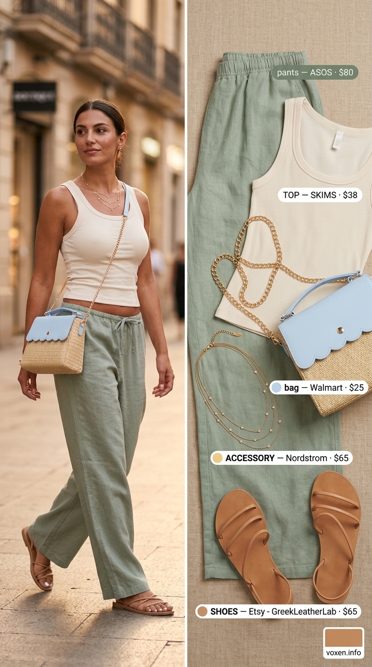 Golden Hour Linen Flow pants: sage green with cream tank top & tan sandals. Trendy ideas for summer wardrobe 2026 women.