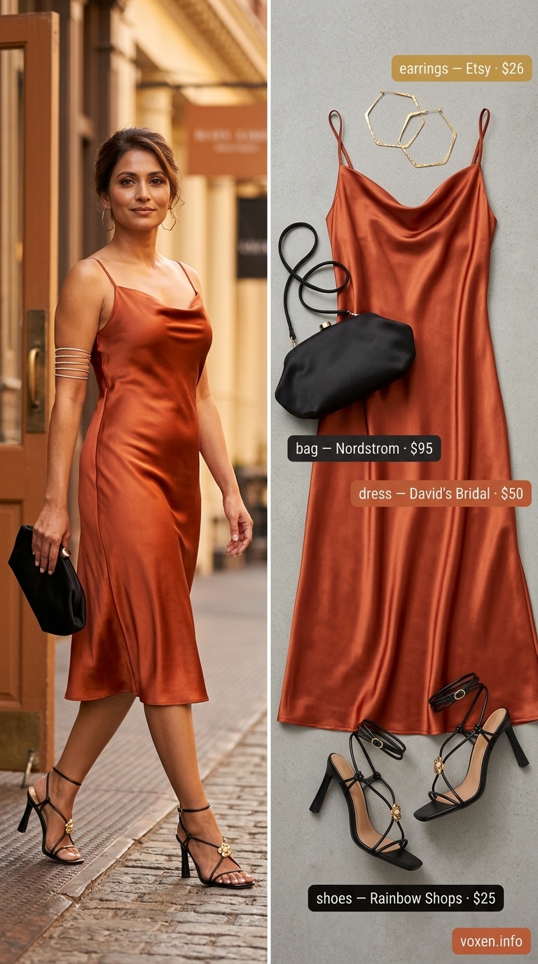 Sunset City slip dress: mango orange satin midi with gold earrings & black heels. Trendy ideas for summer wardrobe 2026 women.