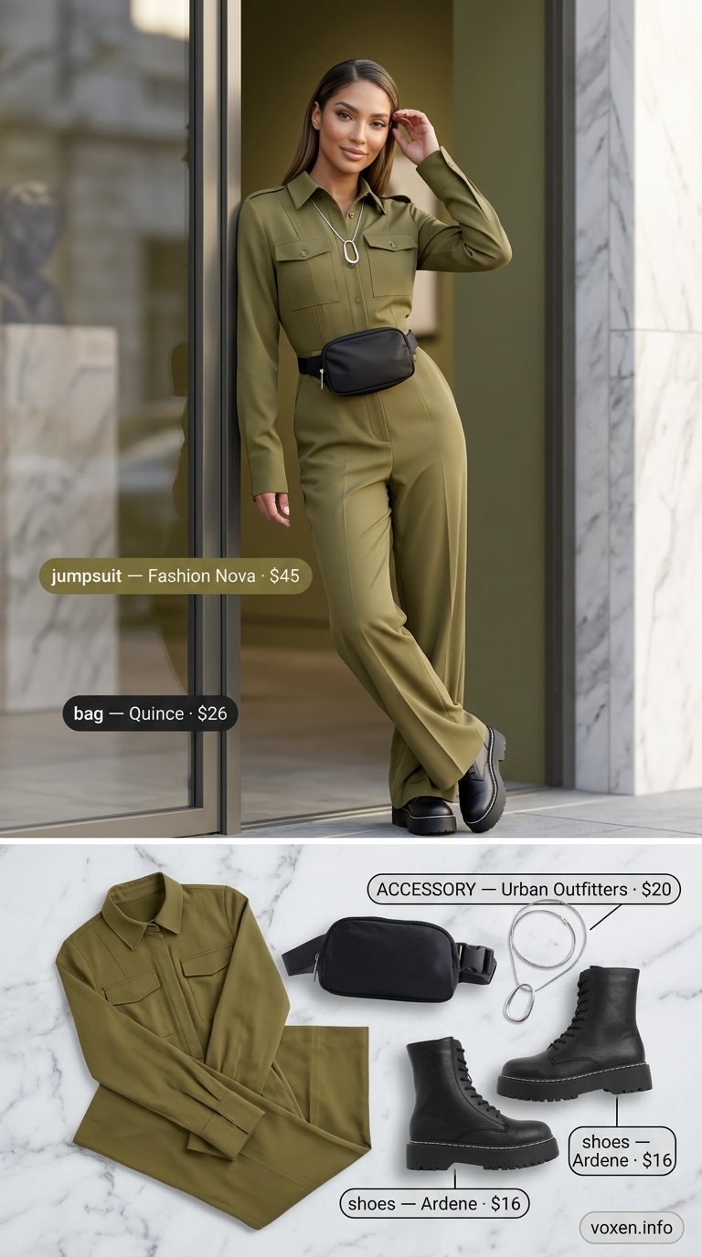 Effortless Utility jumpsuit: olive green cotton twill with black belt bag & combat boots. Trendy ideas for summer wardrobe 2026 women.